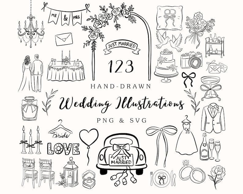 Whimsical Hand Drawn Wedding Doodle Clipart SVG and PNG Bundle (digital ...