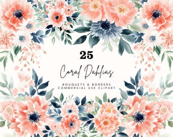 Watercolor Coral Dahlia Clipart: Wedding Flower Bouquet (Digital Download)