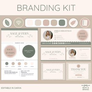 以下が含まれることがあります： 「BRANDING KIT」の文字が上部に配置された、ニュートラルカラーパレットのブランディングキット。ロゴ、名刺、サンキューカードが含まれています。「SAGE & FERN collection」のロゴが表示されています。