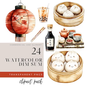 Watercolor DimSum Clipart, Instant Download, Dumpling Clipart,  Boba Clipart, Bubble Tea Clip Art, PNG Graphics Bundle, Commercial Use