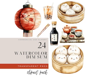 Watercolor Dim Sum Clipart: Dumpling & Boba PNG Graphics (Commercial Use)