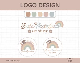 Può includere: Un concept di design del logo con il testo "LOGO DESIGN" in alto. Il design include una tavolozza di colori, le parole "Boho Rainbow ART STUDIO" e due varianti di logo circolari con un arcobaleno e un fiore. Il testo "EDITABLE IN CANVA" è in basso.