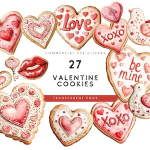 Watercolor Valentines Day Cookies Clipart, Valentine Clipart, Valentine Cookies for Commercial Use, Crafts, and Scrapbooking, Love Heart PNG