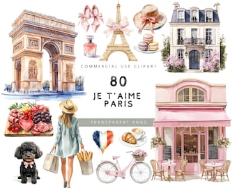 Watercolor Paris Clipart Set: Eiffel Tower, Cafe, Girly PNGs (Commercial Use)