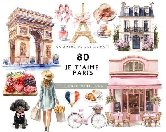 Watercolor Paris Clipart Set: Eiffel Tower, Cafe, Girly PNGs (Commercial Use)