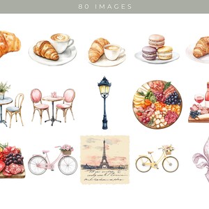 May include: A collection of watercolor illustrations featuring French-inspired imagery, including croissants, coffee, macarons, a street lamp, a bicycle, a charcuterie board, and a fleur-de-lis.