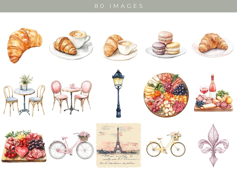 May include: A collection of watercolor illustrations featuring French-inspired imagery, including croissants, coffee, macarons, a street lamp, a bicycle, a charcuterie board, and a fleur-de-lis.