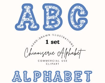 Blue Chinoiserie Clipart, Clipart Alphabet Chinoiserie Flower, Pastel Alphabet Clipart, Floral Alphabet, Chinoiserie Floral, Varsity Letters