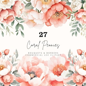 Watercolor Coral Peony Clipart: Wedding Floral Graphics (Digital Download)