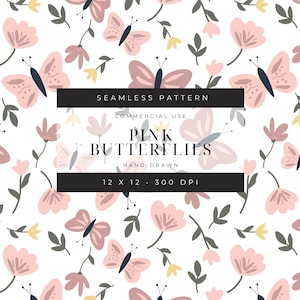 Modèle sans couture de papillon rose, modèle sans couture floral de ressort, papillons lunatiques et papier numérique de fleurs, usage commercial, dessiné à la main
