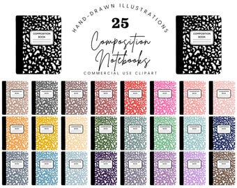 Hand Drawn Composition Notebook Clipart: Retro School Supplies (PDF Download, 25 PNGs, 300 DPI)
