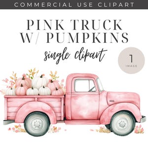 Aquarell Vintage LKW Clipart für Herbst und Herbst, einzelne Clipart, PNG, kommerzielle Nutzung, rosa LKW, LKW mit Kürbisse Clipart