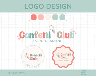 May include: A logo design concept for "Confetti Club" event planning, featuring a color palette and various logo iterations. The design includes the text "Confetti Club" and "EVENT PLANNING" in a playful font, with confetti illustrations.