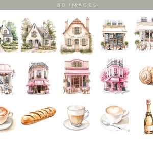 May include: A collection of watercolor illustrations featuring Parisian-themed imagery, including charming houses, cafes, pastries, coffee, champagne, and a snail. The illustrations are painted in soft, pastel colors and evoke a sense of romanticism and charm.