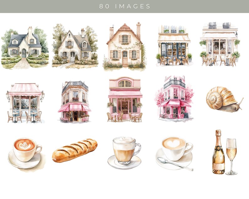 May include: A collection of watercolor illustrations featuring Parisian-themed imagery, including charming houses, cafes, pastries, coffee, champagne, and a snail. The illustrations are painted in soft, pastel colors and evoke a sense of romanticism and charm.
