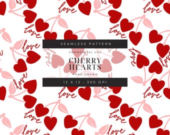 Diseño sin costuras de corazones de cereza: Papel digital de acuarela para el Día de San Valentín (PNG)