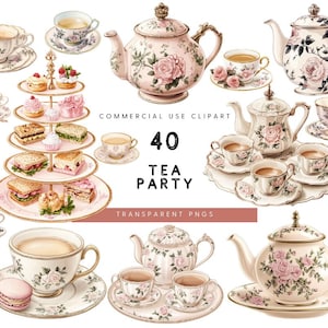 Aquarelle Tea Party Clipart, Clipart thé de l'après-midi, aquarelle Tea Time Clipart, Clipart théière victorienne, Clipart théière, Clipart tasse de thé