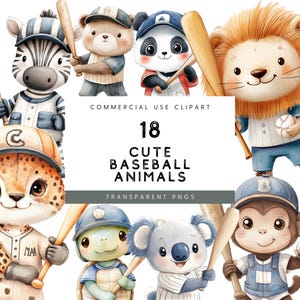 Imágenes prediseñadas de animales de béisbol, guardería de deportes con dibujos animados lindos de acuarela, imágenes prediseñadas de béisbol de animales lindos, PNG de baby shower, PNG de guardería, animales bebés