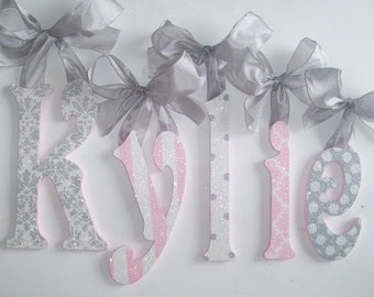 Decorative Wall Letters Wall Decor Wooden Wall Hanging Painted Wooden Letters Pink and Gray GLITTER LETTERS