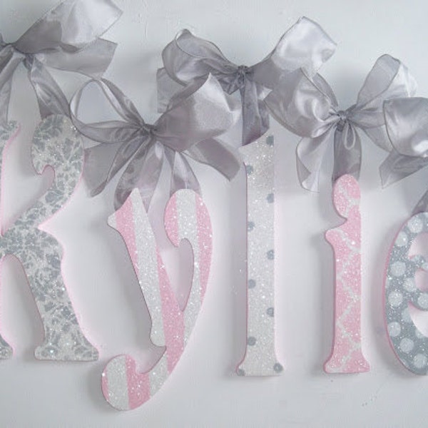 Decorative Wall Letters Wall Decor Wooden Wall Hanging Painted Wooden Letters Pink and Gray GLITTER LETTERS