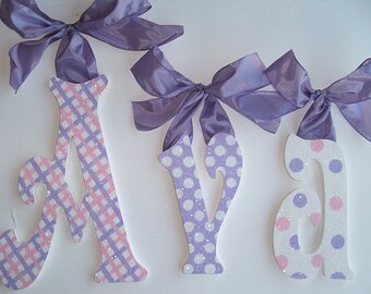 GLITTER and SPARKLE  hand painted pink and lavender wood wall letters,  baby nursery wall letters