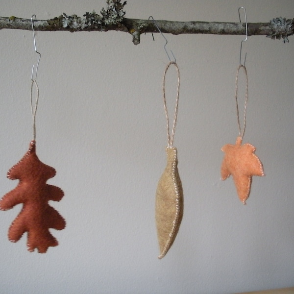 Wool Felt Leaf Ornaments, Set of 3: Orange Maple, Copper Oak, Ochre Beech. Autumn Decorating