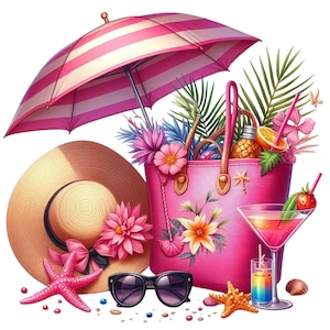 Plaża Różowy Parasol Kapelusz Torba PNG Tropikalny Clipart do Sublimacji Letni Projekt na Koszulki Kubki Naklejki Cyfrowe Pobieranie Letni Clipart