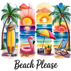 Plaża Proszę PNG Tropikalny Clipart do Sublimacji Letni Projekt na Koszulki Kubki Naklejki Cyfrowe Pobieranie Letni Clipart Palmy Sztuka