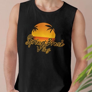 Spring Break Vibes Tank Top: Palm Tree Sunset, Combed Cotton