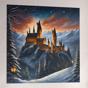 Plakat matowy z zamkiem czarodziejów | Dekoracja do domu z sową śnieżną | Grafika ścienna dla fanów fantasy | Prezent do magicznego pokoju | Ilustracja szkoły czarodziejów