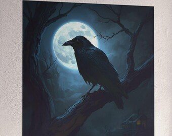 Moonlit Raven | Gothic Dark Art Print Poster Halloween Decoration