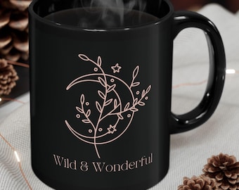 Mystic Moon & Stars Schwarze Kaffeetasse: Boho Himmlisches Geschenk