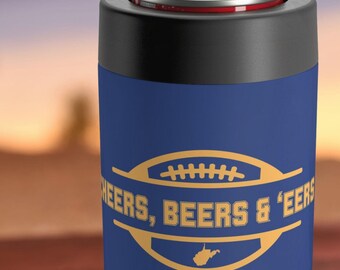 Uchwyt na puszkę West Virginia Mountaineers | Przykrywka na piwo WVU Football | Prezent dla fana i niezbędny element imprezy tailgate