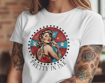 Pinup Tattoo Girl Raw-Hem Crop Top | Retro Rockabilly Pretty in Ink