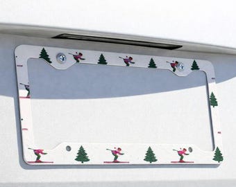Ski License Plate Frame | Winter Skier Car Frame | Alpine Ski Decor | Cute Ski Lover Gift | Snowy Mountain Driving Accessory