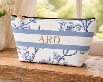 Personalized Toile Mahjong Tile Bag | Blue Floral Accessory Pouch