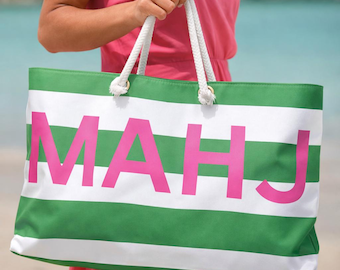 Green Striped Mahjong Tote Bag | Pink MAHJ Beach Pool Travel Bag