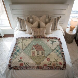 Cottagecore Woven Blanket: Patchwork Quilt, Country Home Decor image 3