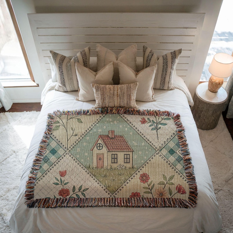 Cottagecore Woven Blanket: Patchwork Quilt, Country Home Decor image 3