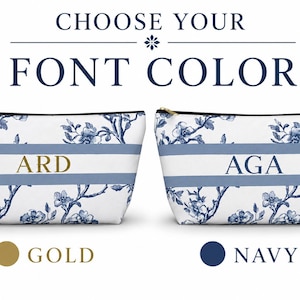 Personalized blue floral toile pouch showing font color options gold and navy, customizable monogram cosmetic bag with stripe design.