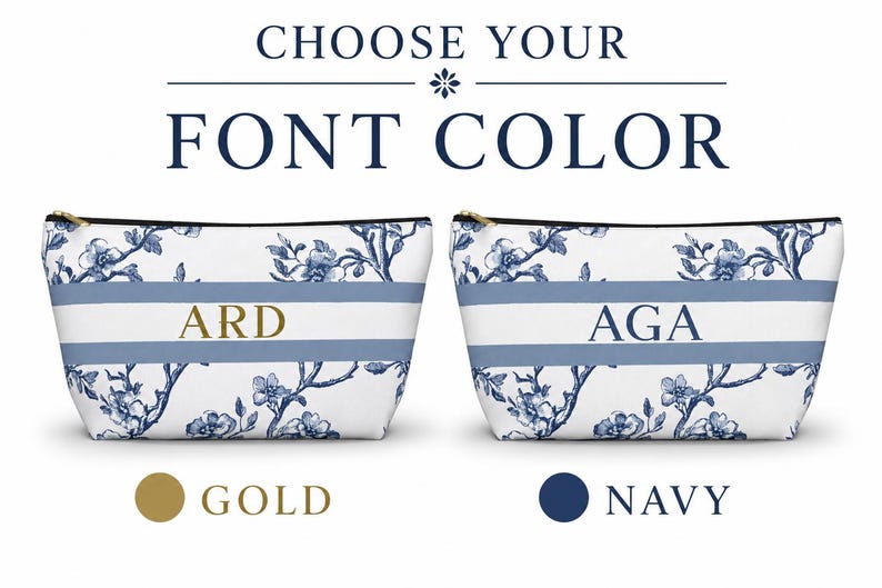 Personalized blue floral toile pouch showing font color options gold and navy, customizable monogram cosmetic bag with stripe design.