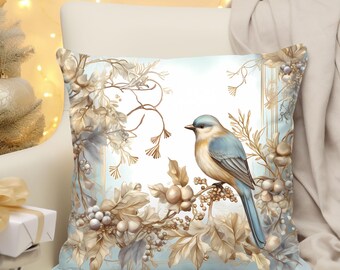 Blauw en goudkleurig vogelkussen: kussen van imitatiesuède voor kerstvakantie