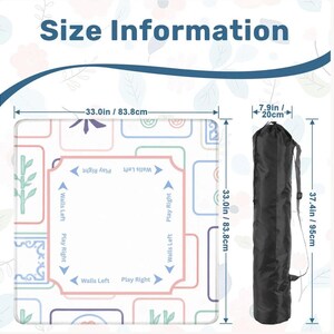 Mahjong mat size guide showing a pastel Mahjong tile-themed playing mat measuring 33 inches by 33 inches (83.8 cm x 83.8 cm). Included is a black drawstring carrying bag measuring 37.4 inches tall by 7.9 inches wide.