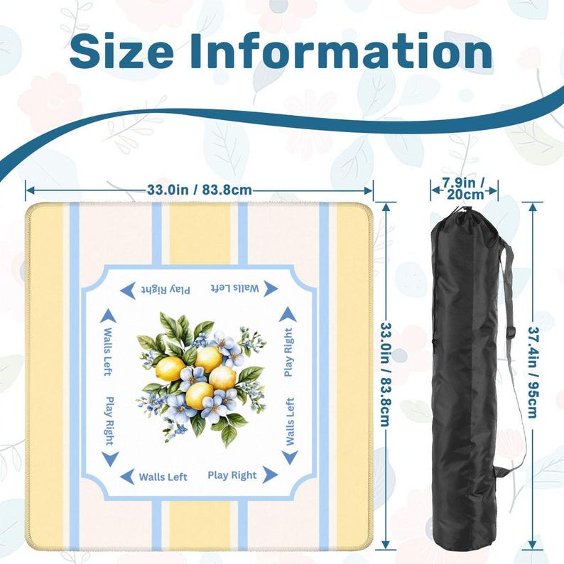 Mahjong mat size chart showing a 33 x 33 inch lemon yellow and blue striped playing mat alongside a black carrying bag measuring 37.4 inches tall and 7.9 inches wide.