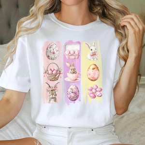 Whimsical Easter Bunny T-Shirt: Brushstroke Floral Egg Design