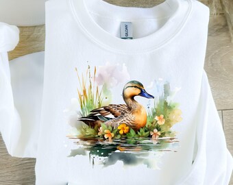 Retro Y2K Mallard Duck Sweatshirt with Floral Pond Graphic
