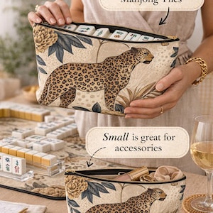 Leopard Floral Accessory Pouch, Mahjong Tile Bag, Neutral Gold Makeup Bag image 5