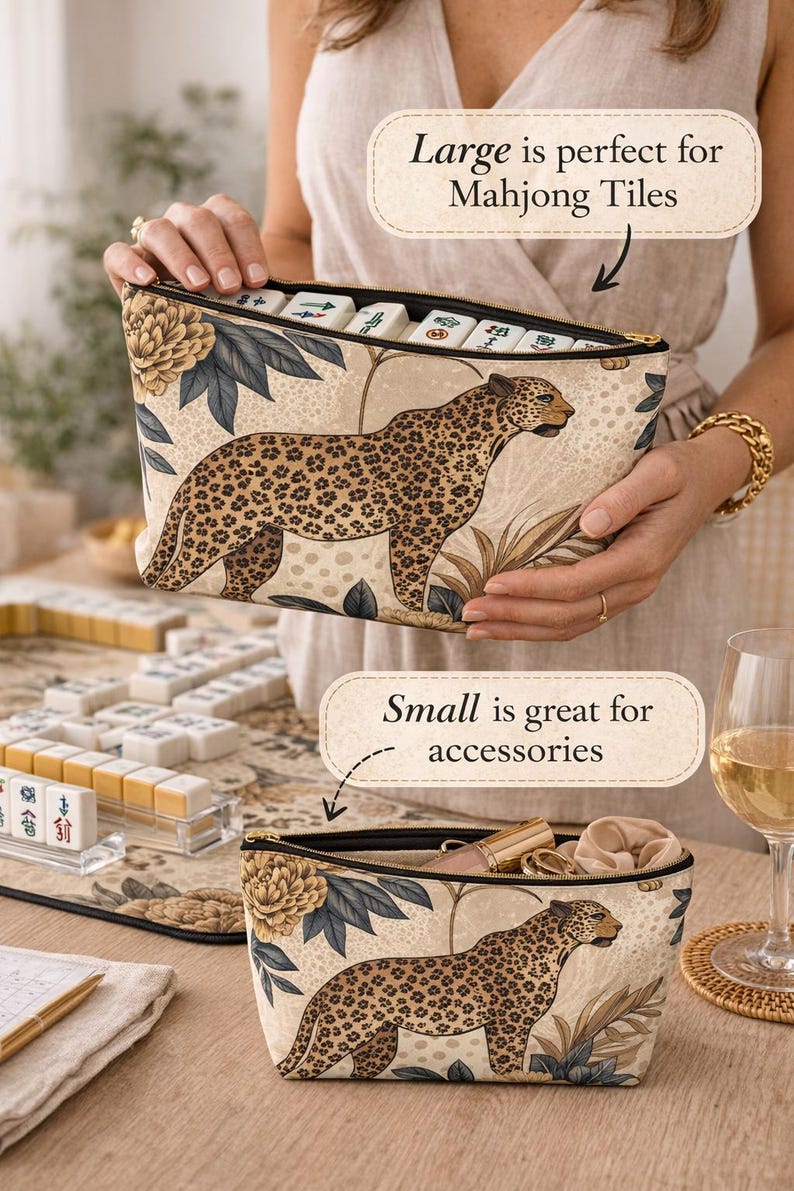 Leopard Floral Accessory Pouch, Mahjong Tile Bag, Neutral Gold Makeup Bag image 5