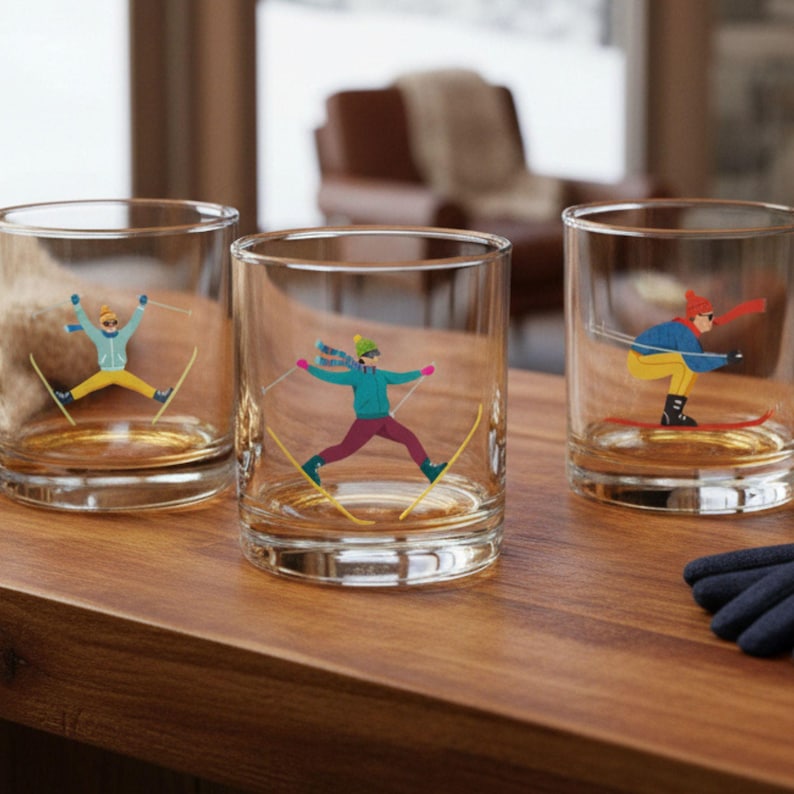 Whimsical ski whiskey rocks glasses with colorful freestyle skier illustrations displayed on a wooden table in a cozy ski lodge setting.