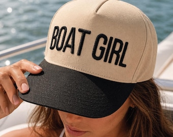 Boat Girl 3D Embroidered Trucker Hat, 5 Panel Snapback, Lake Life Summer Beach Cap